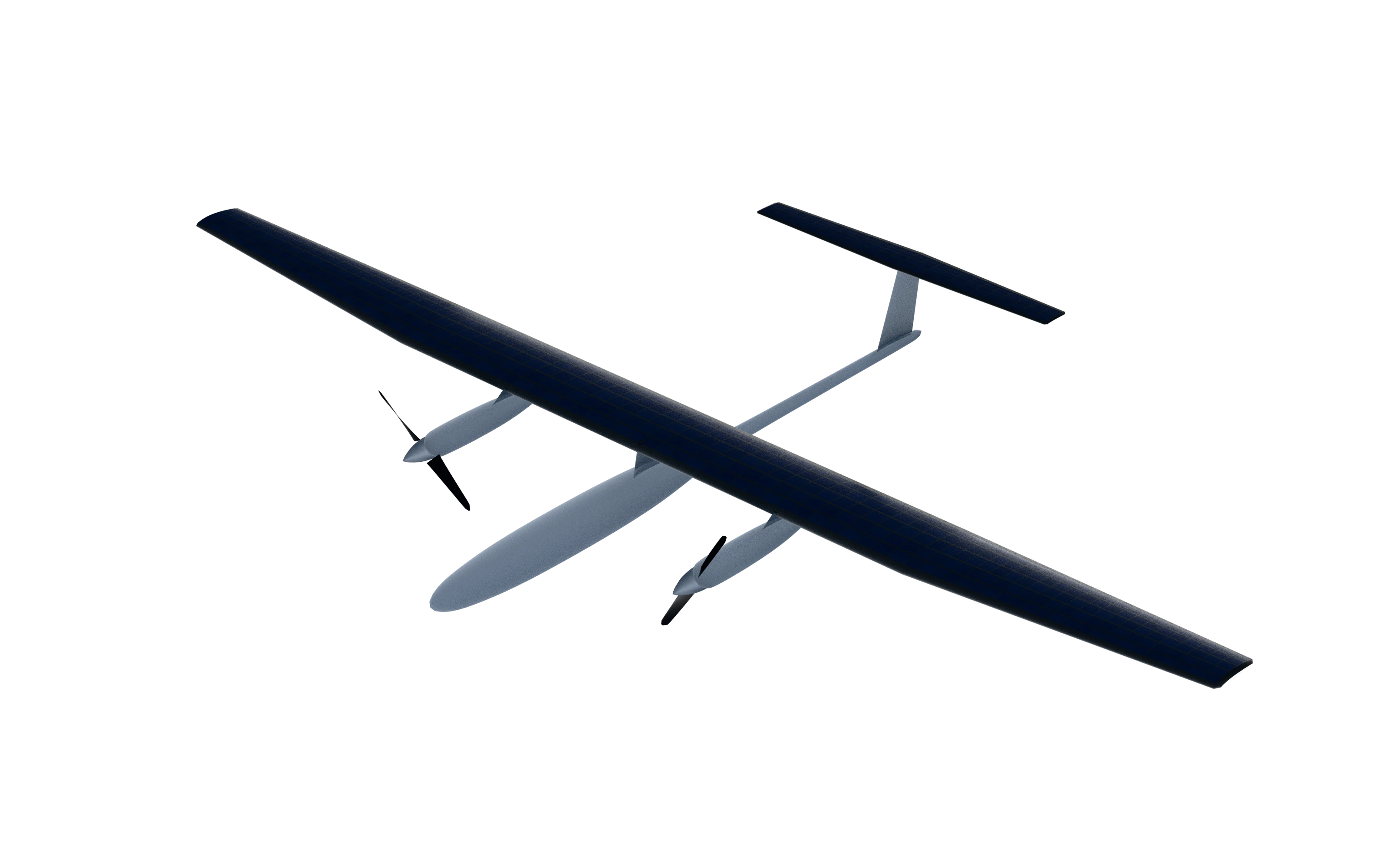 Visualization of the HALE-Ph Alpha UAV: a long, slender wing covered in solar cells, two propellers, and a T-tail.