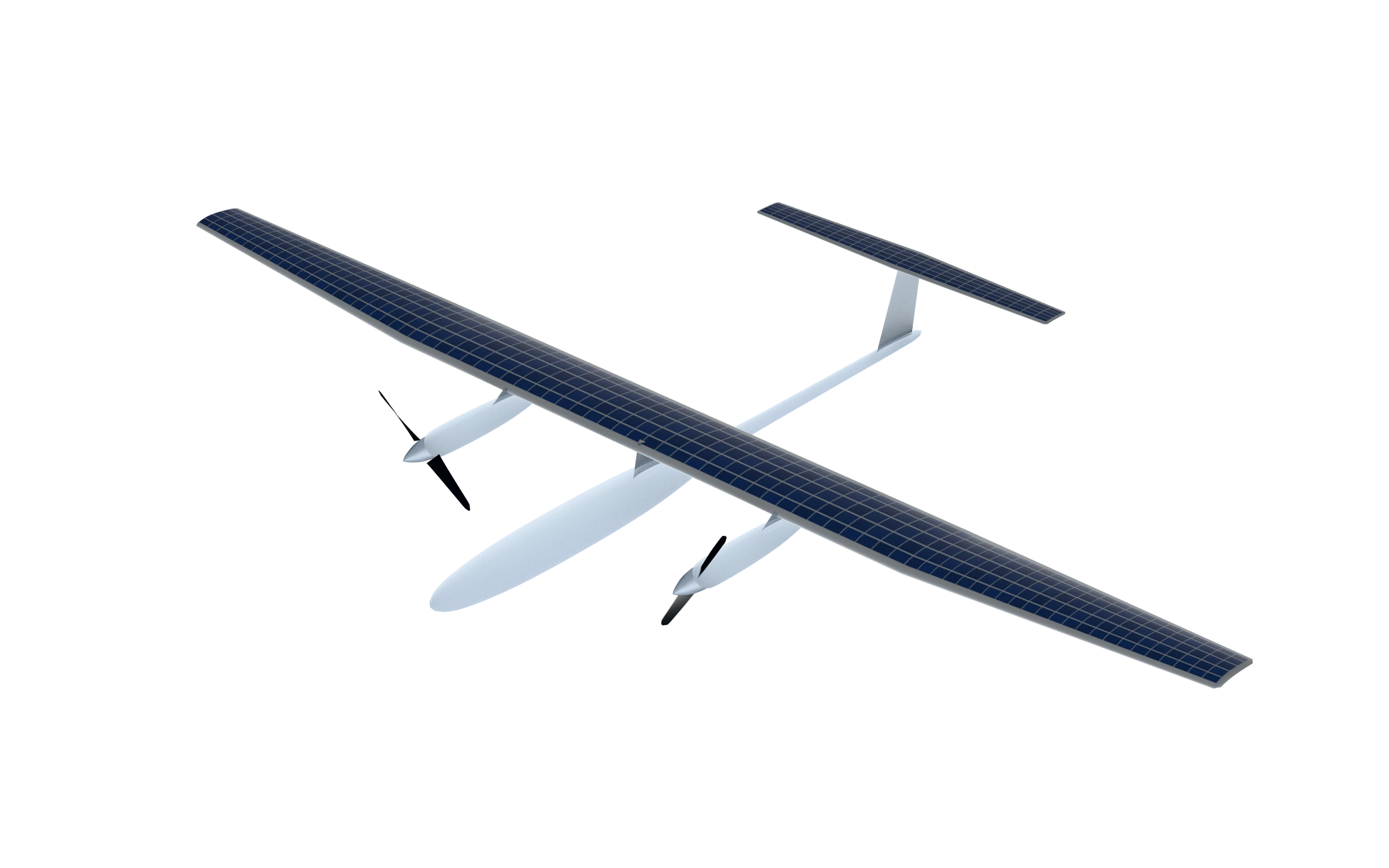 Visualization of the HALE-Ph Alpha UAV: a long, slender wing covered in solar cells, two propellers, and a T-tail.